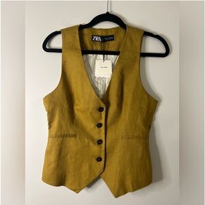 NWT Zara 100% Linen Yellow Brown Mustard  Vest